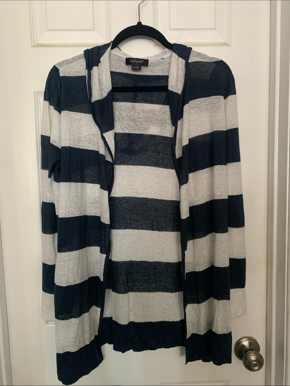 Christopher Fischer Navy White Hooded Striped Open Cardigan Sz M Linen